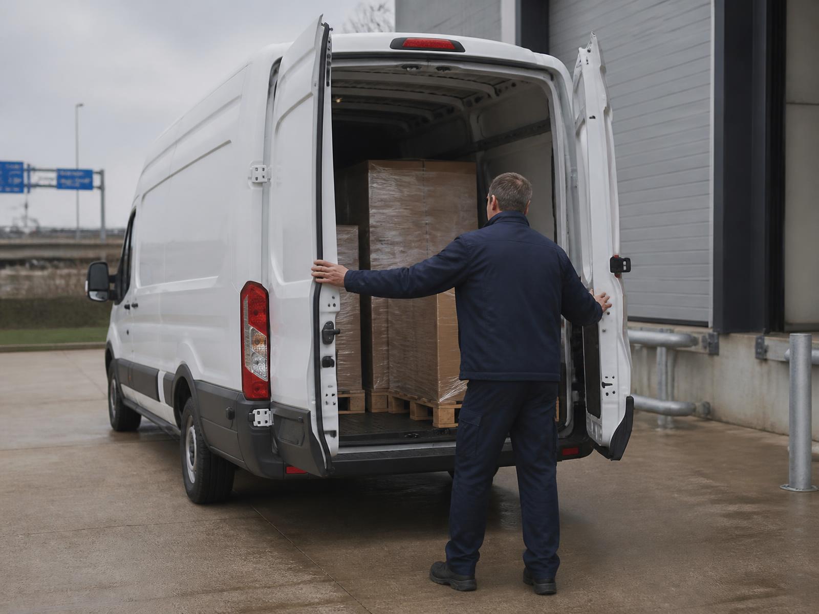 Courier closing the rear doors of a long-wheelbase van loaded with wrapped pallets before a long distance UK delivery