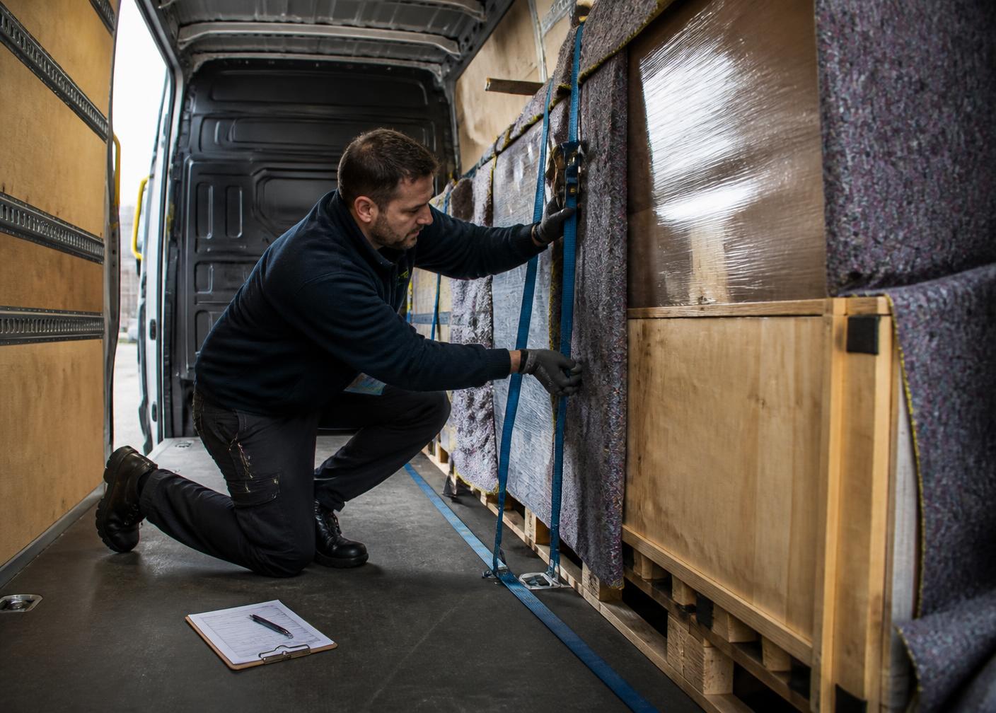 Courier strapping down palletised freight and a wooden crate inside a van before a long distance nationwide delivery