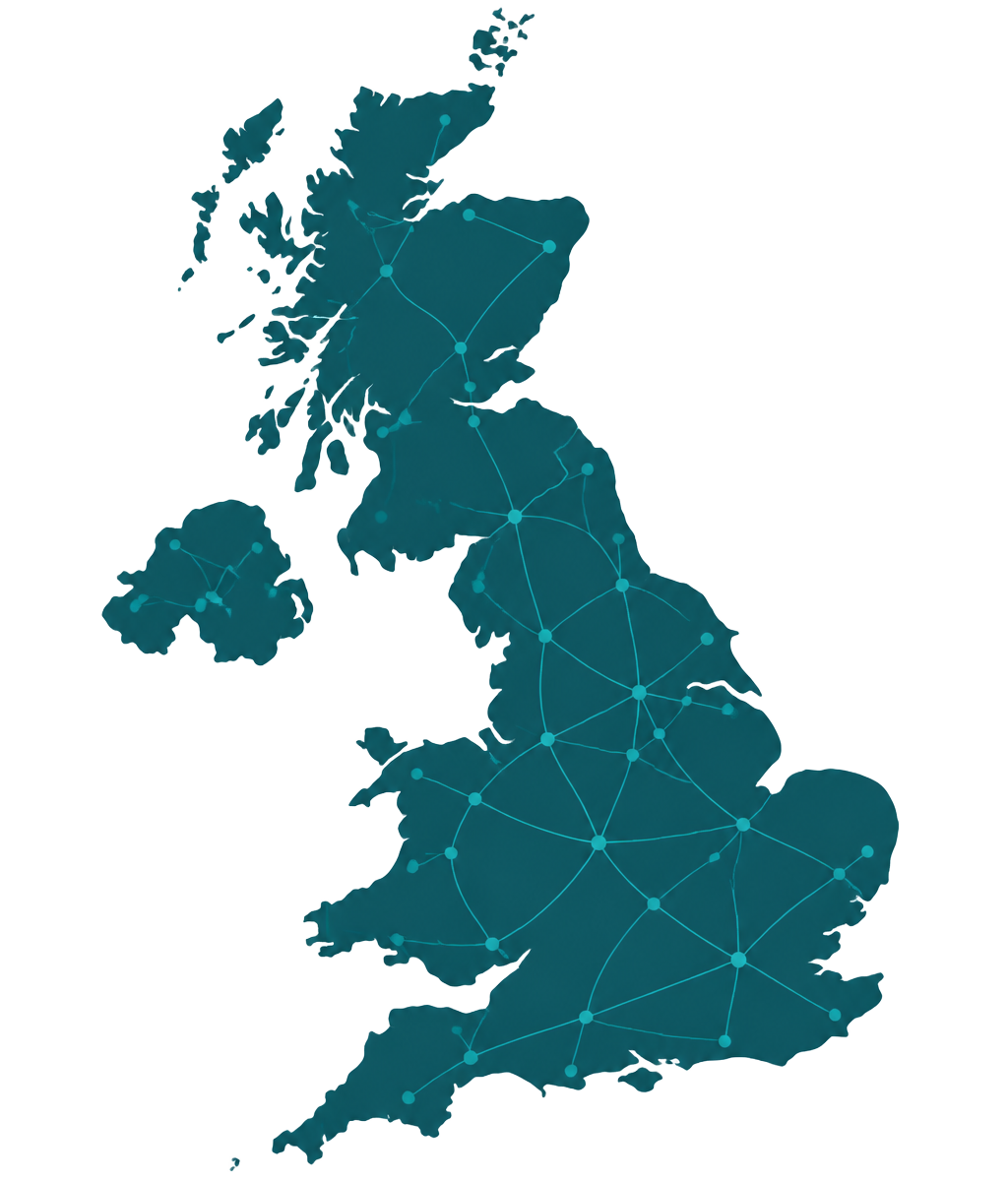 Map of the United Kingdom showing nationwide long distance courier coverage across England, Wales, Scotland and Northern Ireland